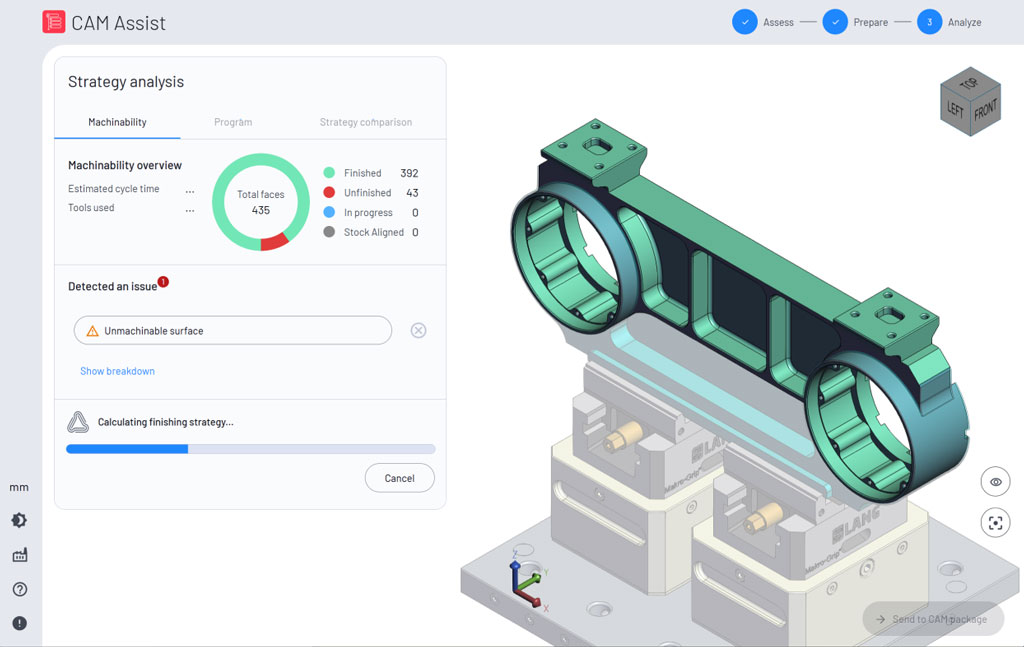CAM Assist's interface, analyzing a part strategy.