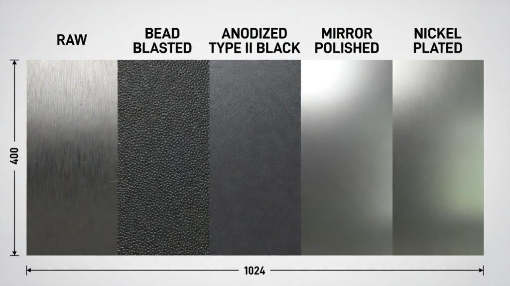 ide-by-side surface finish comparison: raw, bead-blasted, anodized Type II black, mirror-polished, nickel-plated