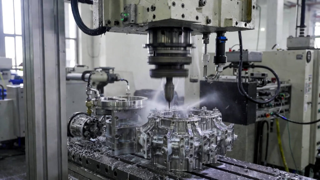 Professional Shenzhen factory photo showing a 5-axis CNC milling center machining a complex titanium medical implant component, with visible high-pressure coolant, precise tool engagement, and clean chip evacuation