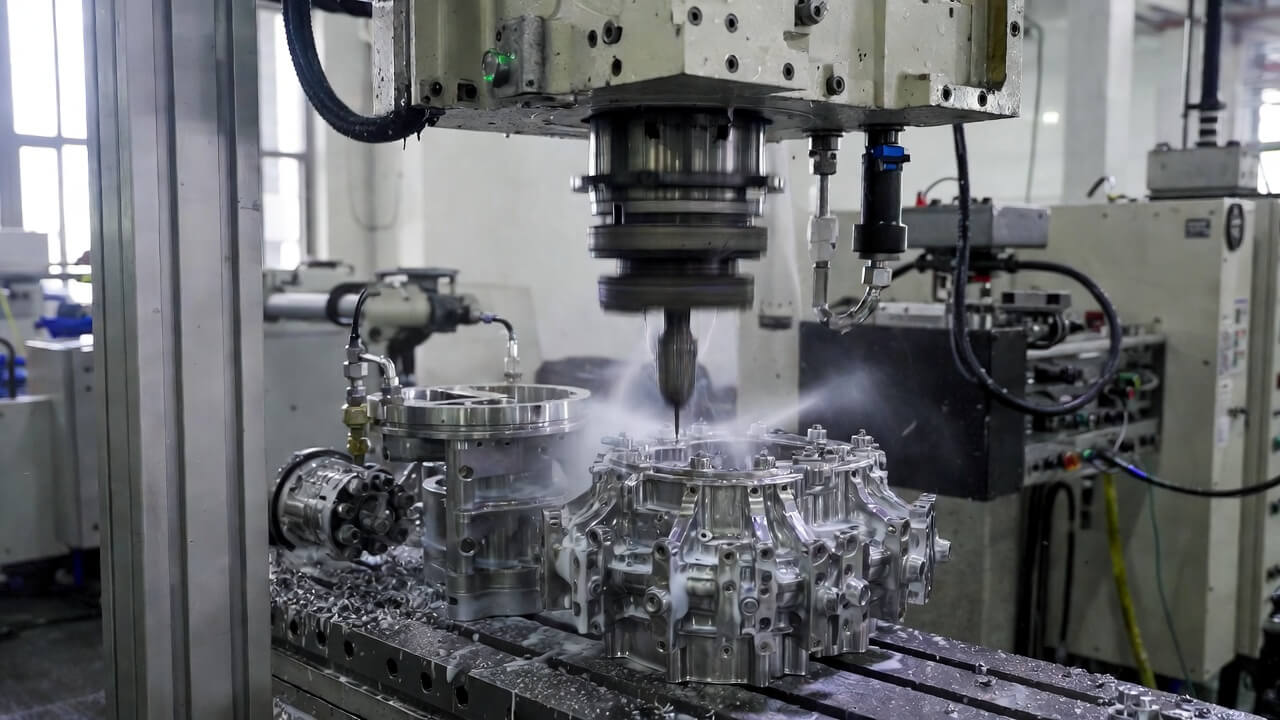 Professional Shenzhen factory photo showing a 5-axis CNC milling center machining a complex titanium medical implant component, with visible high-pressure coolant, precise tool engagement, and clean chip evacuation