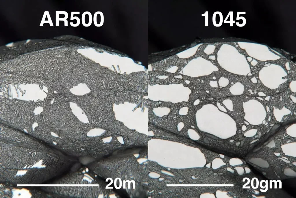 AR500 abrasion resistant steel vs 1045 carbon steel microstructure comparison