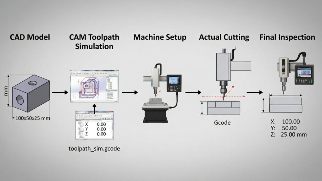 Step-by-step annotated flowchart showing CAD model → CAM toolpath simulation → machine setup → actual cutting → final inspection with CMM measurement.