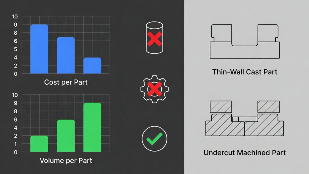 Visual comparison icons/infographic (e.g., bar charts for cost/volume, icons for waste, geometry examples like thin-wall cast part vs. undercut machined part