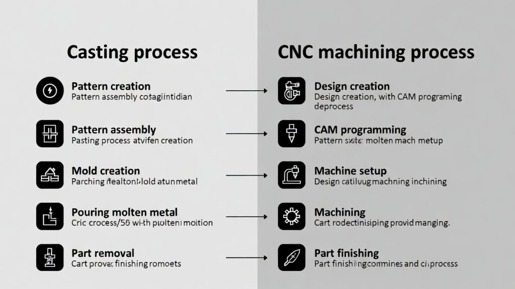 Side-by-side infographic or split diagram showing "Casting process