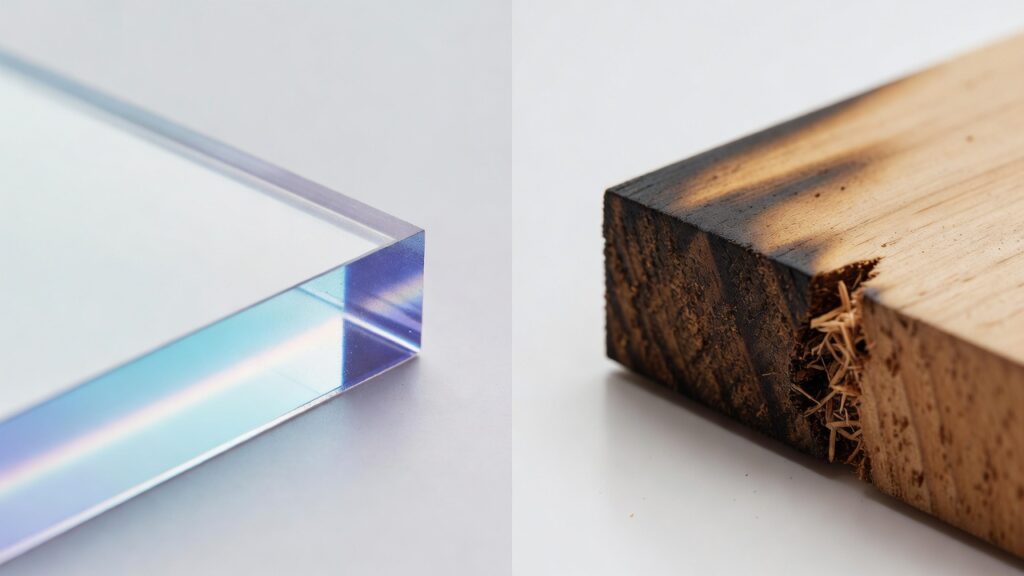 Close-up comparison: laser-cut acrylic edge vs. router-cut hardwood edge