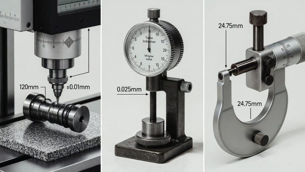 Precision measurement setups, including CMM probing on turned shafts to verify tight tolerances