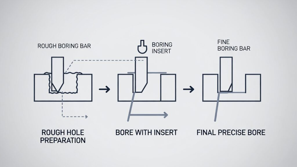 Diagram illustrating CNC boring process steps, from rough hole preparation to final precise bore with tool path visualization