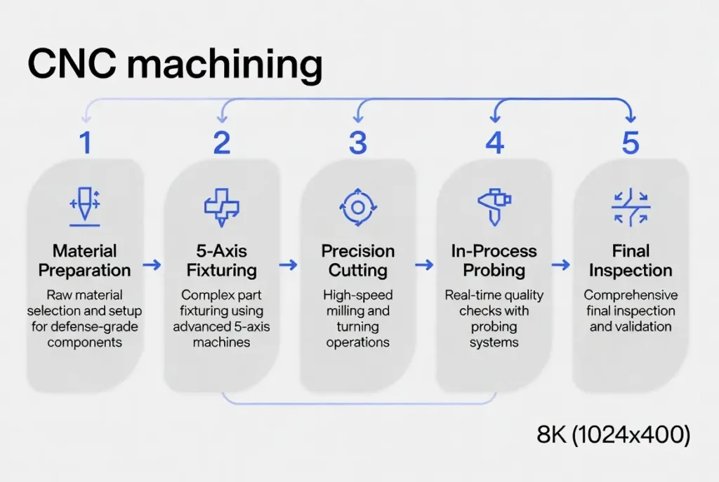 Step-by-step diagram of CNC machining process for defense components