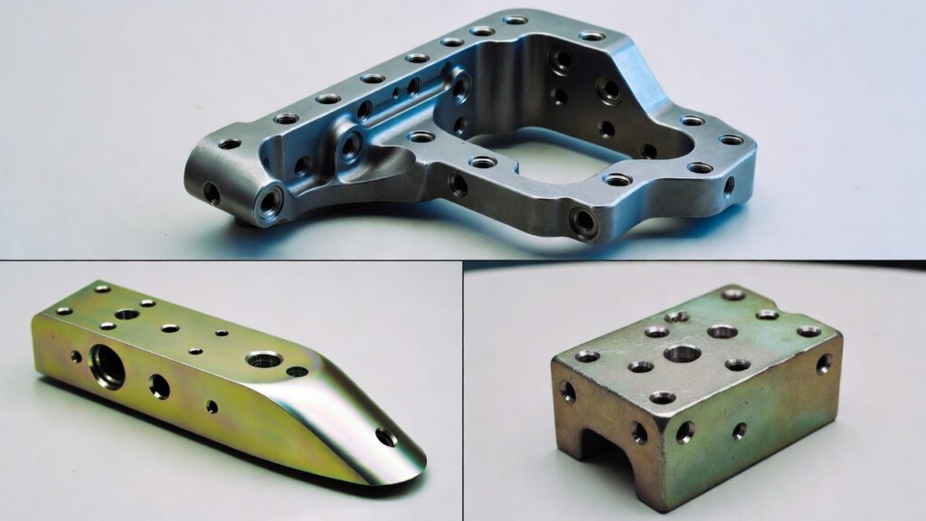 Collage or table-style montage showing real CNC-drilled parts from automotive, aerospace, and medical sectors