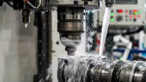 Close-up of a CNC drilling operation showing spindle, workpiece, and coolant flow