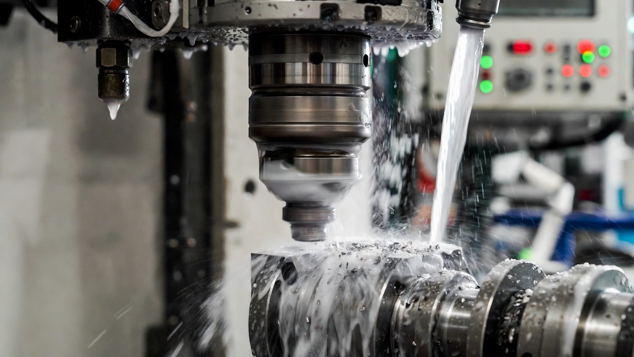 Close-up of a CNC drilling operation showing spindle, workpiece, and coolant flow