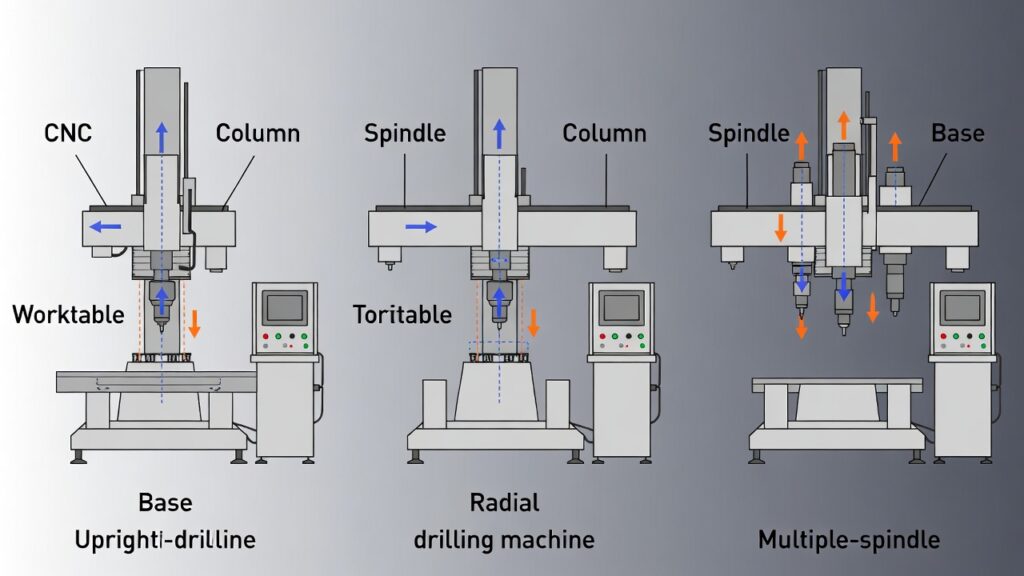 diagram comparing upright, radial, and multiple-spindle CNC drilling machines