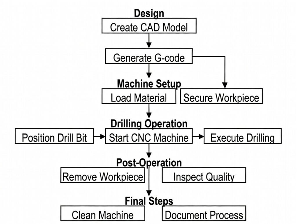Flowchart illustrating the 8-step CNC drilling process from design to inspection