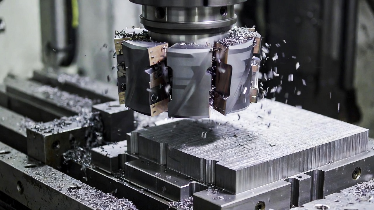 A CNC face milling operation in progress, showing a large-diameter shell mill removing material from a flat workpiece surface