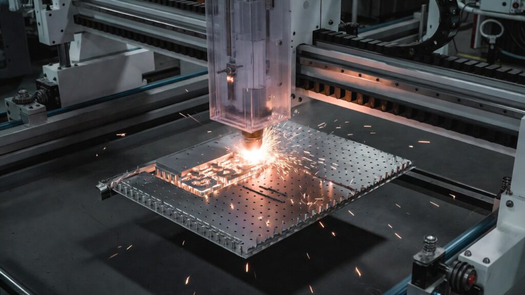 CNC fiber laser in action cutting intricate metal patterns with minimal heat-affected zone