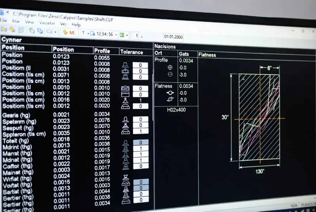 GD&T inspection report on CMM screen for CNC machined part