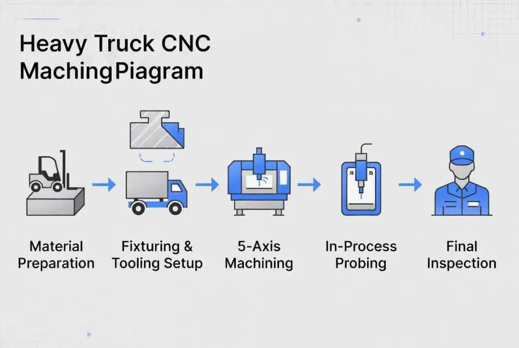Step-by-step diagram of CNC machining process for heavy truck components
