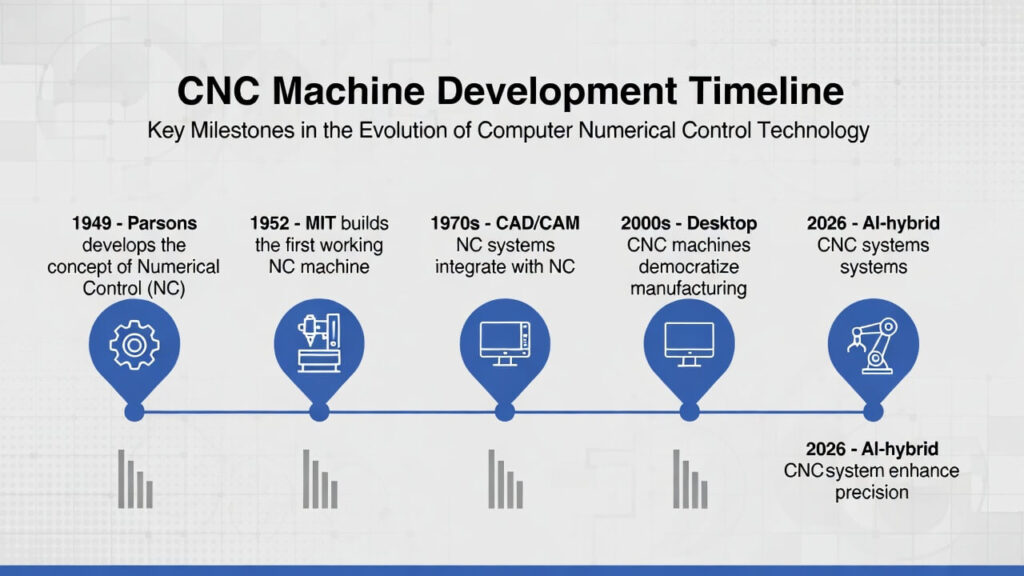 Detailed timeline infographic illustrating key milestones — 1949 Parsons NC concept, 1952 MIT prototype, 1970s CAD/CAM emergence, 2000s desktop CNC, and 2026 AI-hybrid systems — with emphasis on China's manufacturing leadership since the 2010s