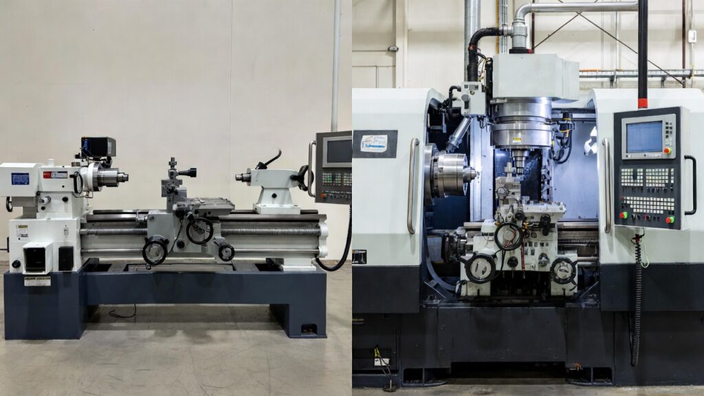 Side-by-side comparison: simple 2-axis CNC lathe (left) vs. multi-axis CNC turning center with live tooling (right)
