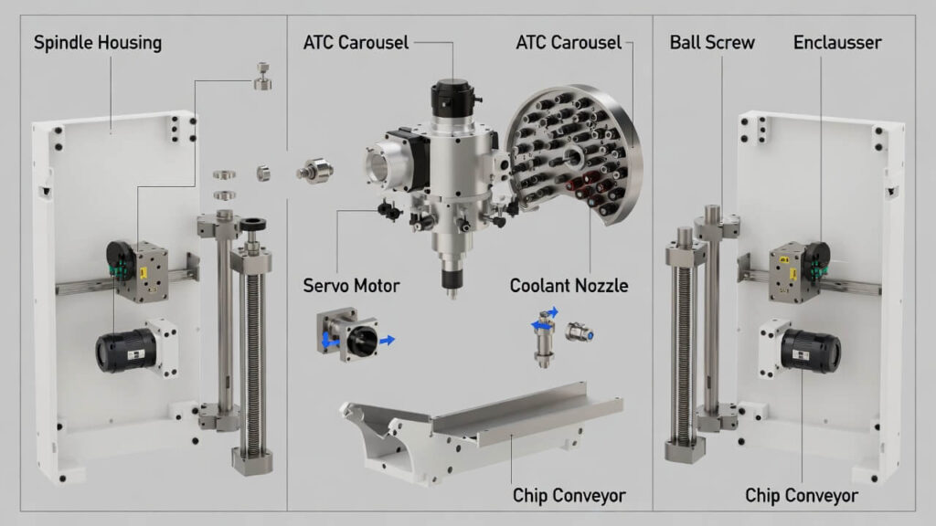 High-resolution exploded-view illustration with clear labels for spindle, ATC carousel, ball screws, servo motors, coolant nozzles, chip conveyor, and enclosure.