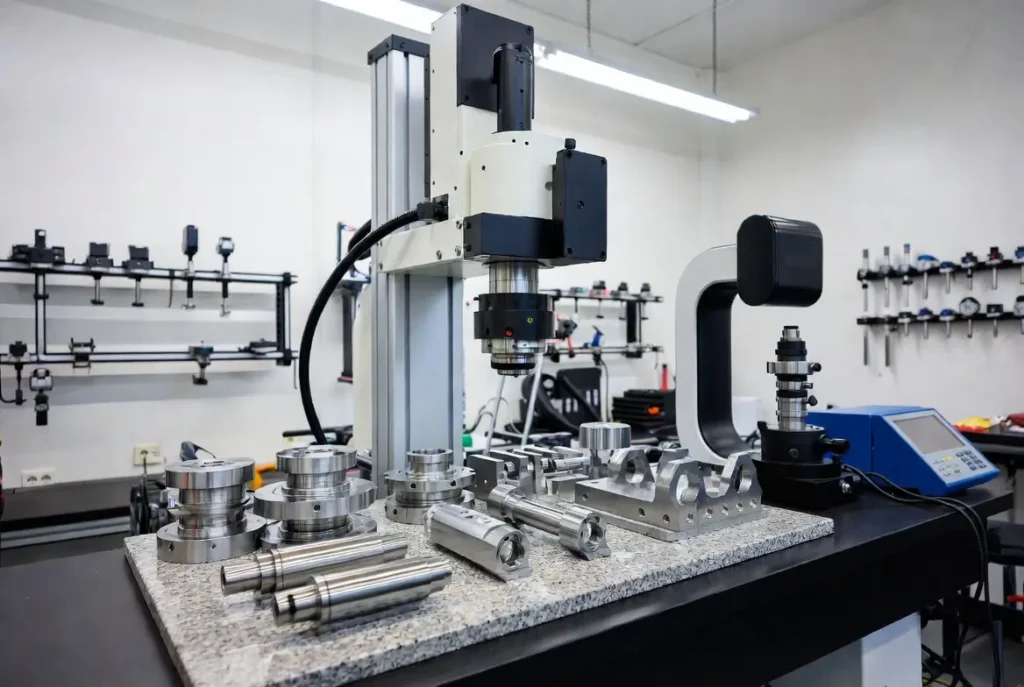 Quality lab inspecting multiple CNC machined parts with CMM and scanners