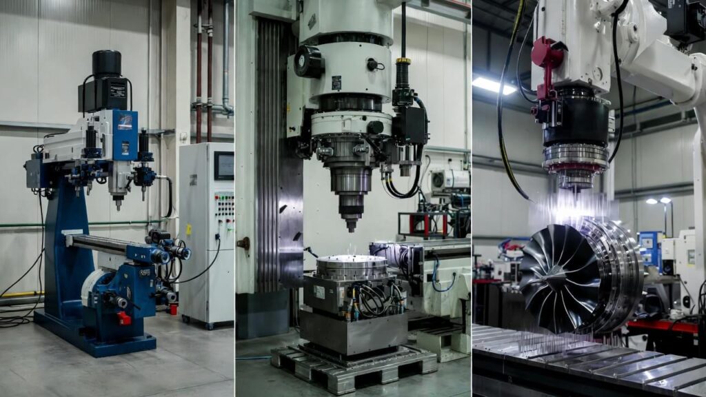 Side-by-side factory photos showing a compact vertical mill, a large horizontal machining center with pallet changer, and a 5-axis machine finishing an intricate turbine blade