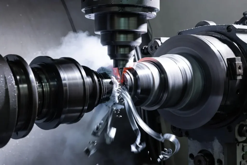 CNC lathe turning 1045 carbon steel shaft for heavy equipment