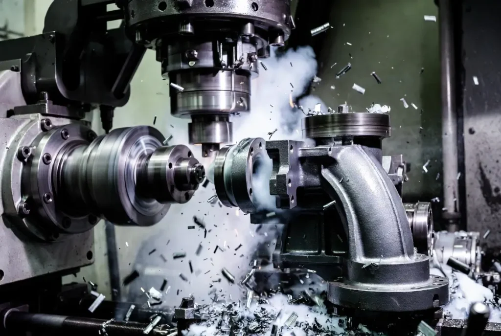 CNC lathe machining gray cast iron pump housing with short chips