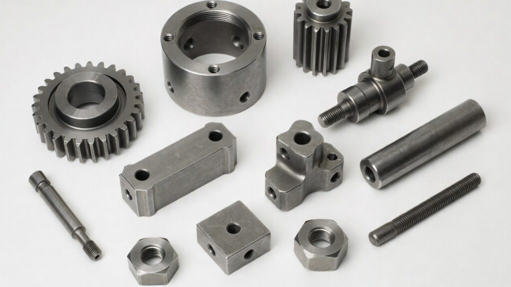 ssortment of various CNC-milled components (gears, housings, shafts — shows versatility).