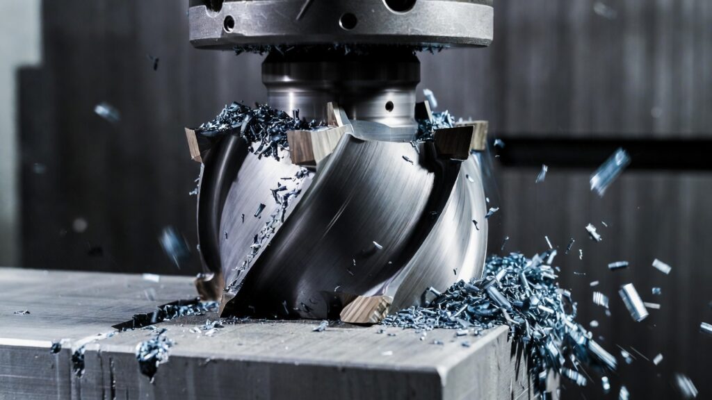Close-up of milling tool removing material with visible chips