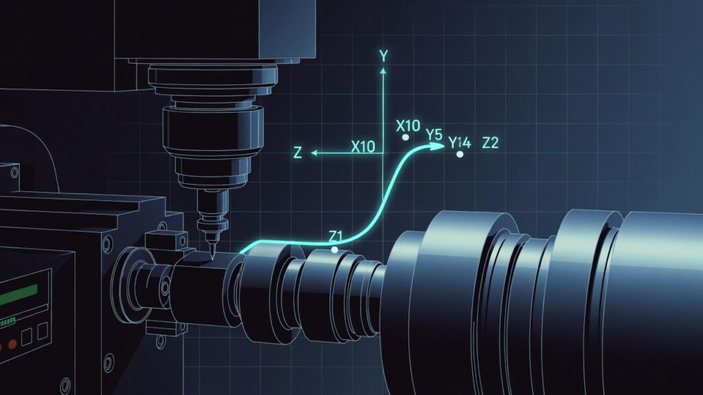 spindle with tool cutting a metal workpiece, showing toolpath or G-code visualization overlay