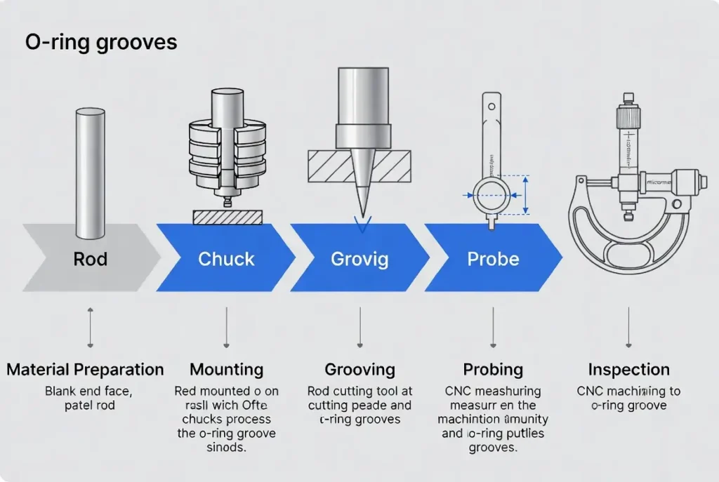 Step-by-step diagram of CNC machining process for custom railroad O-rings