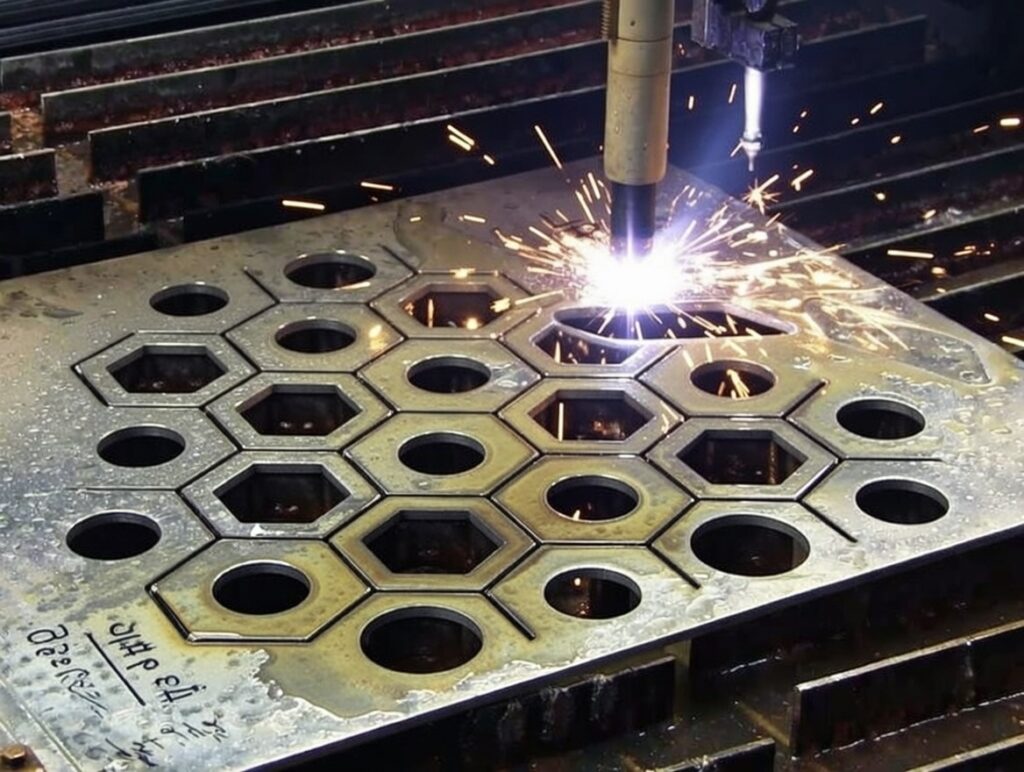 CNC plasma tables cutting thick steel – powerful arcs and sparks make quick work of heavy plate.