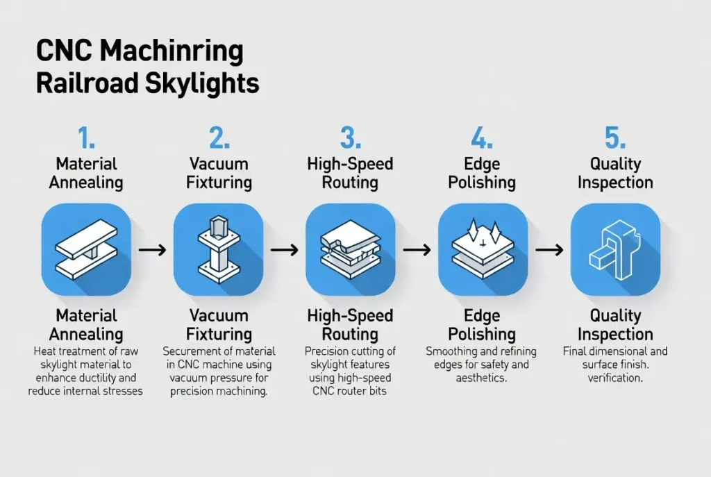 Step-by-step diagram of CNC plastic machining process for railroad skylights