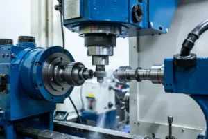 Modern CNC lathe performing high-precision turning on a metal workpiece with coolant spray
