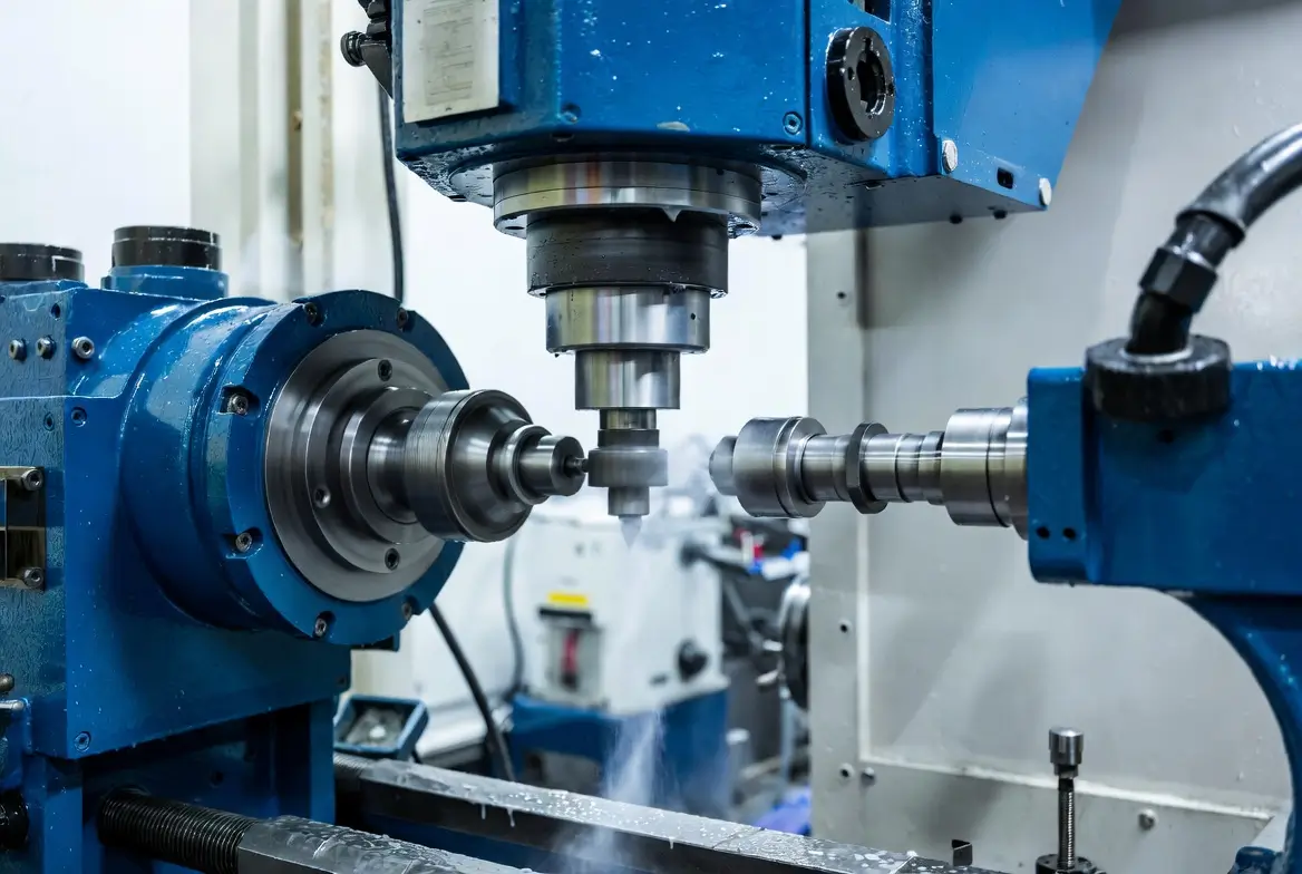 Modern CNC lathe performing high-precision turning on a metal workpiece with coolant spray