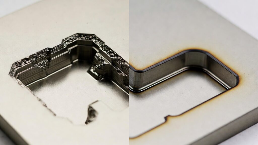 Side-by-side: deep 3D pocket carved by CNC router vs. clean through-cut by laser on thin sheet