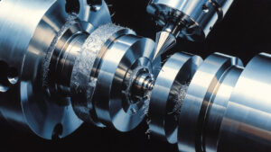 Close-up views of precision CNC turning on titanium workpieces, showing emerging mirror-like finishes under optimized conditions