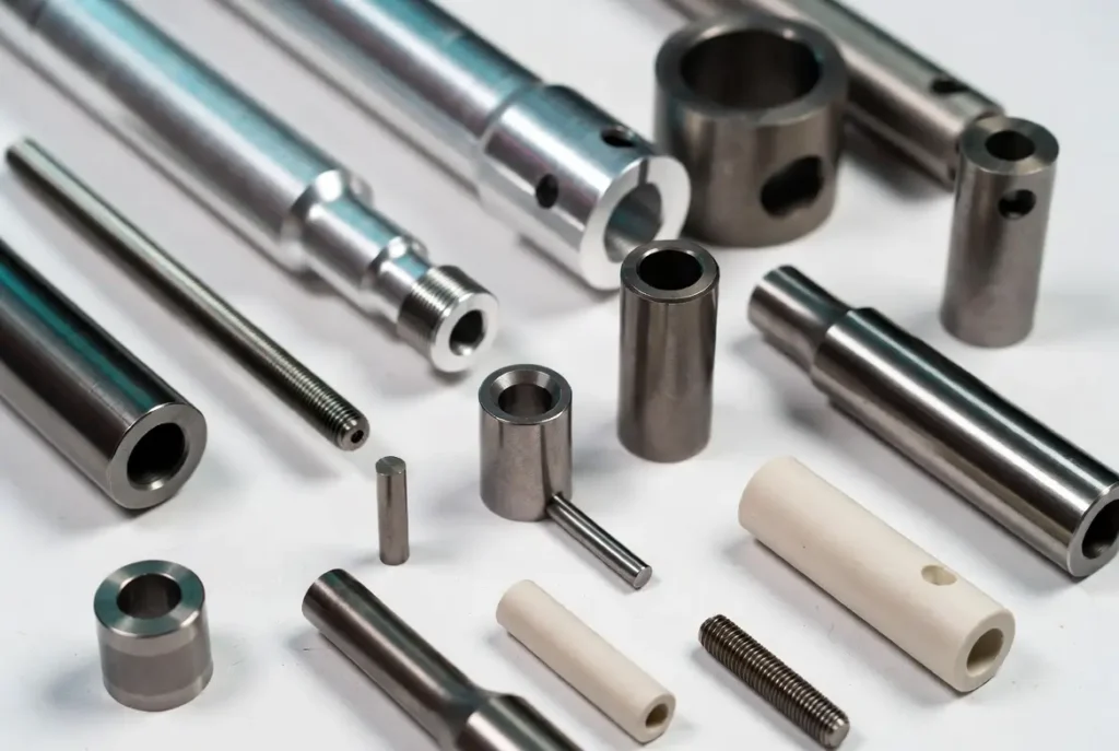 Collection of CNC precision turned parts in aluminum, stainless steel, titanium and engineering plastics