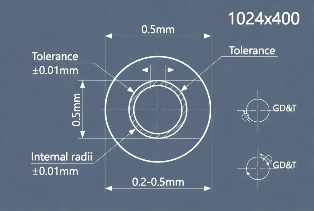 Technical diagram illustrating CNC turning design guidelines, tolerances, wall thickness and GD&T