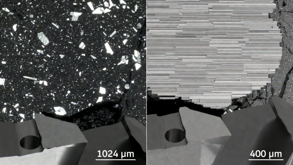Microstructure comparison: conventional random alumina coating (left) vs. Sandvik Inveio® unidirectional crystal orientation (right) on CNC turning inserts.