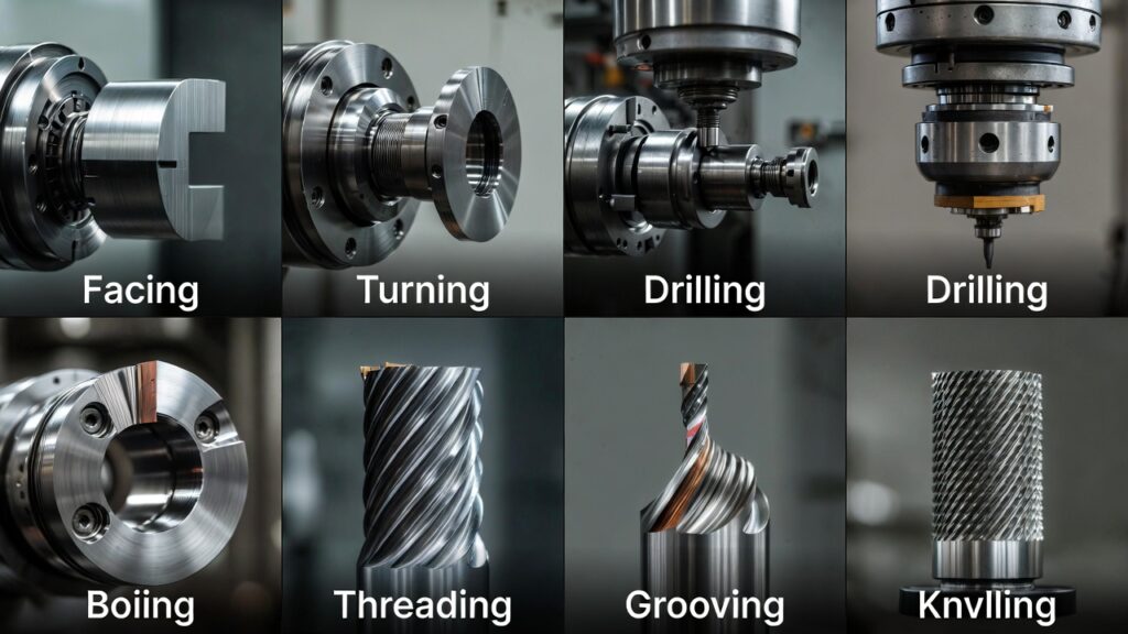 Visual examples of common CNC turning operations: facing, turning, drilling, boring, threading, grooving, and knurling