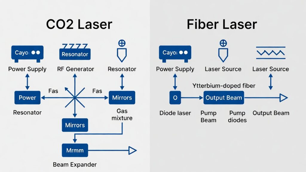 Comparison diagram of CO₂ vs. fiber laser components and beam paths