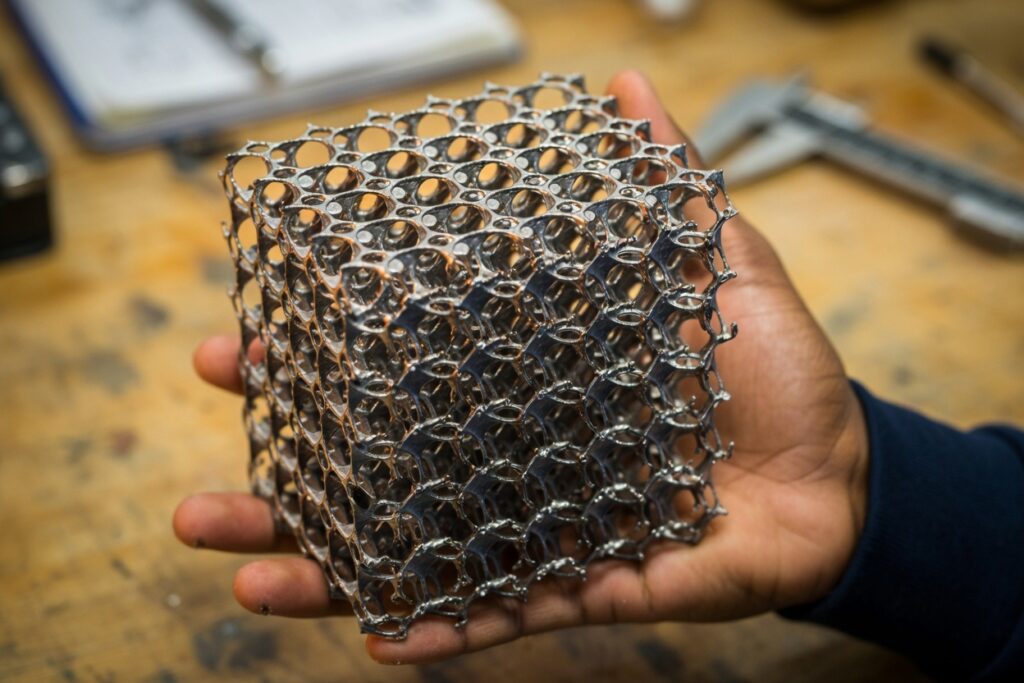 Complex lattice structure 3D printed part showcasing design freedom