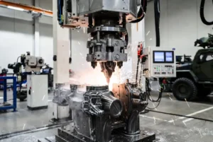 5-axis CNC machining titanium military defense component with coolant spray