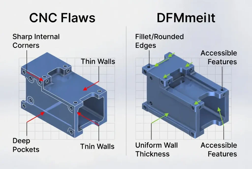 DFM examples for CNC milling – poor design vs optimized design