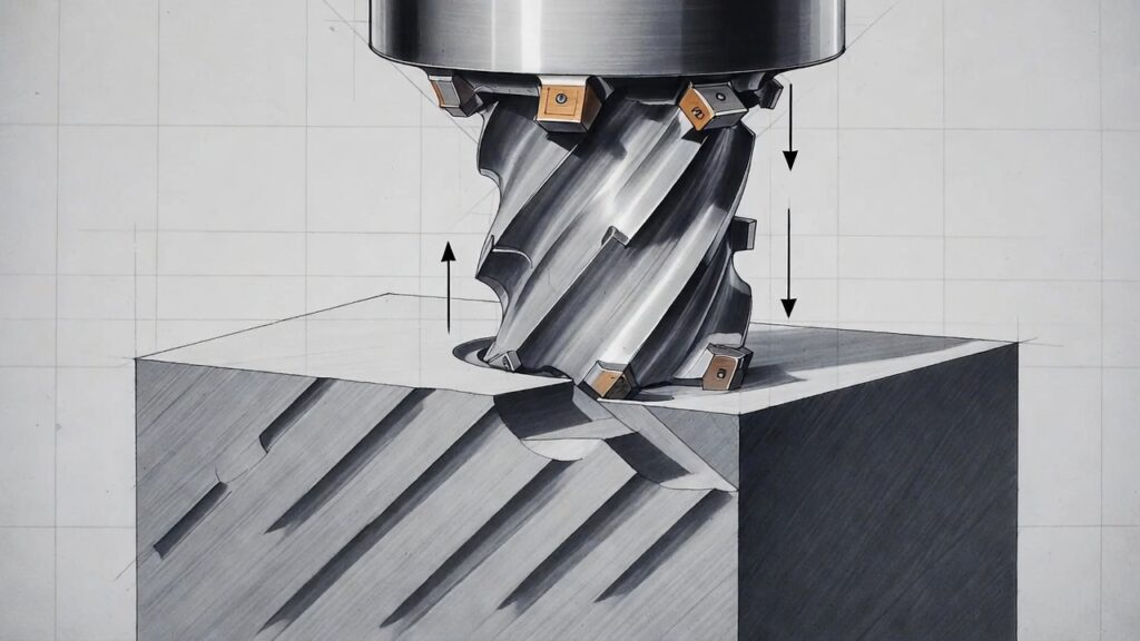 Side-view illustration of face milling, showing cutter axis perpendicular to workpiece, with arrows indicating feed direction and chip formation