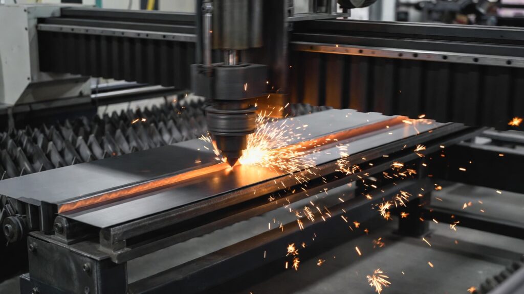 fiber laser cutting machine in action on sheet metal, showing sparks and clean cut