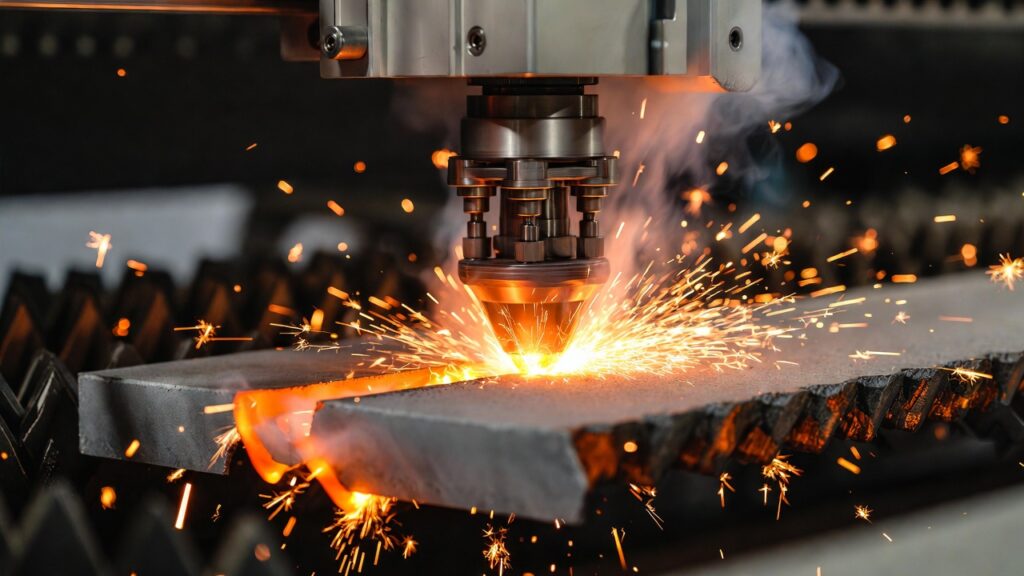 modern fiber laser head cutting sheet metal, sparks flying