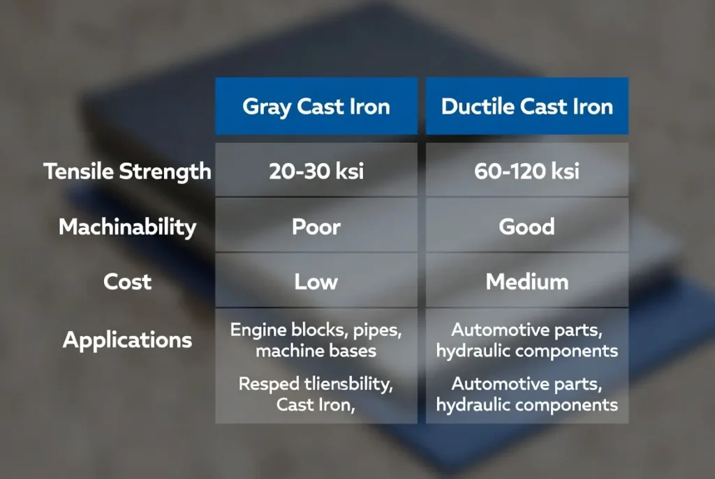 Gray cast iron vs ductile cast iron properties comparison chart for CNC machining